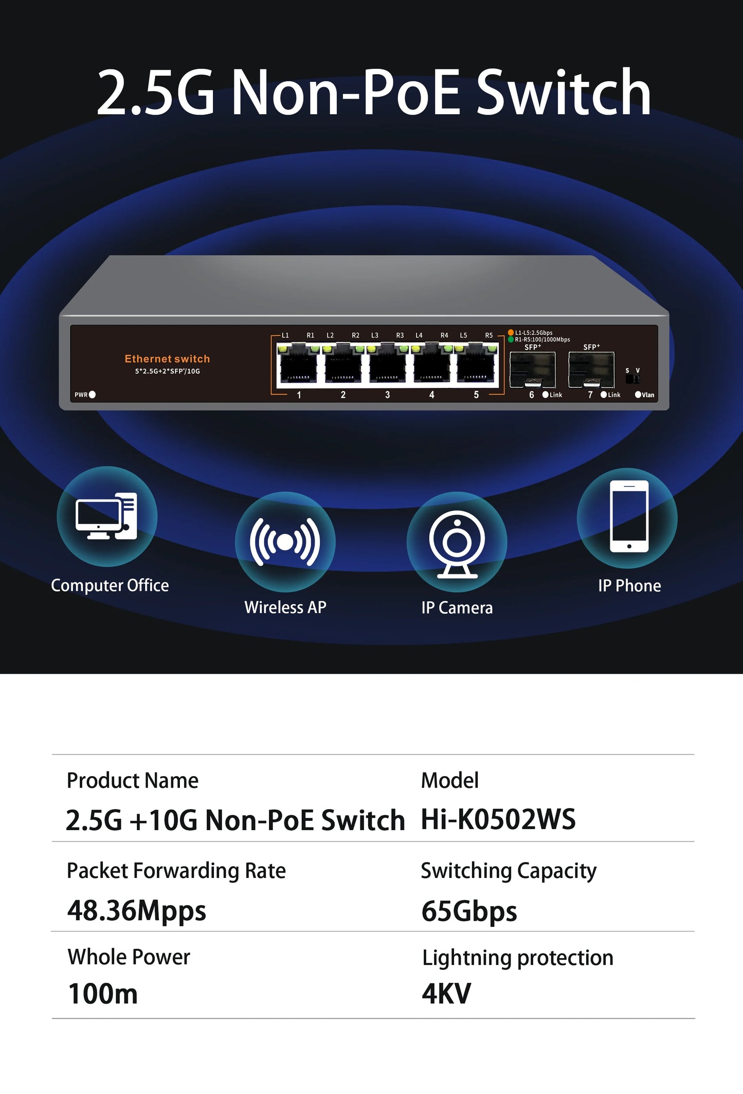 Hisource 2.5G None-POE Network Switch 5 8 Port Ethernet Switch with 2*10G SFP+ for IP Camera/NVR