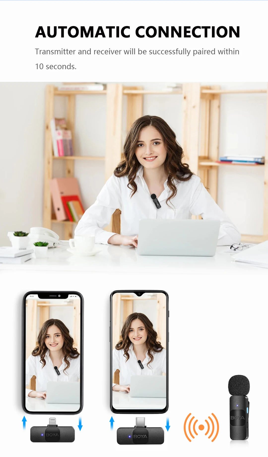 BOYA BY-V Professional Wireless Lavalier Mini Microphone for iPhone iPad Android Live Broadcast Gaming Recording Interview Vlog