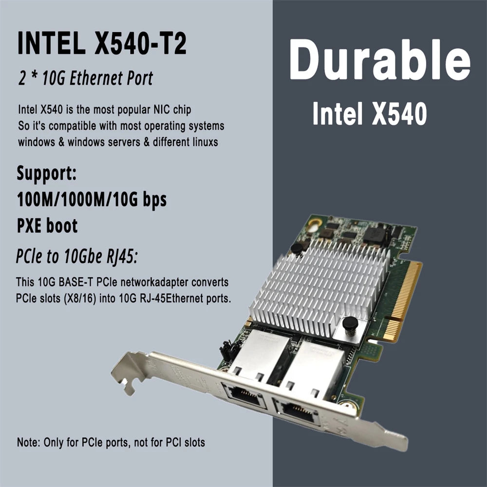 Intel X540-T2 network adapter with specifications on a gray and blue background