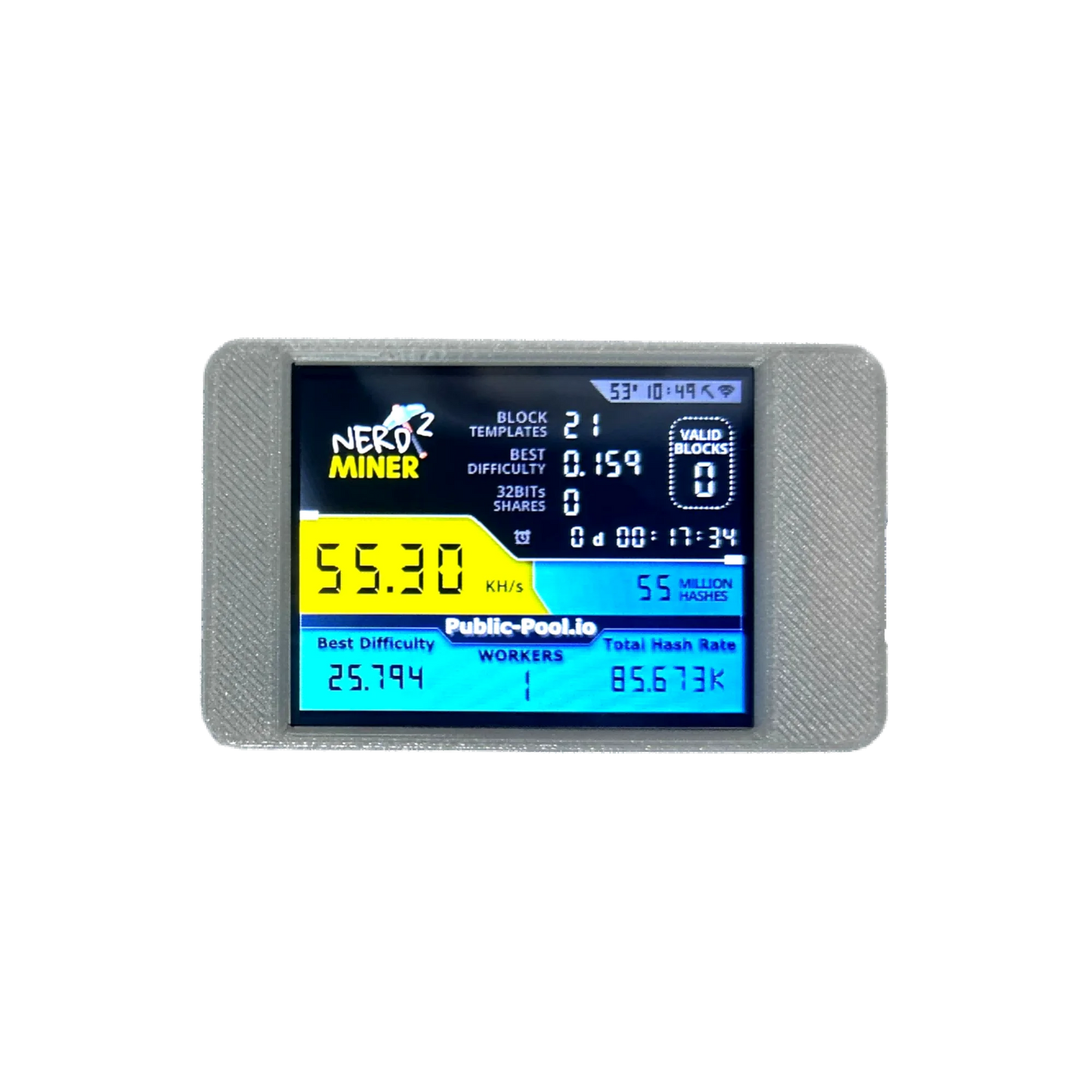 NerdMiner V2 Hashrate, Smart Display, Crypto Solo, Lottery, Nerd Miner, Bitcoin Miner ESP32-2432S028R, 54 k/S, 2.8 inch