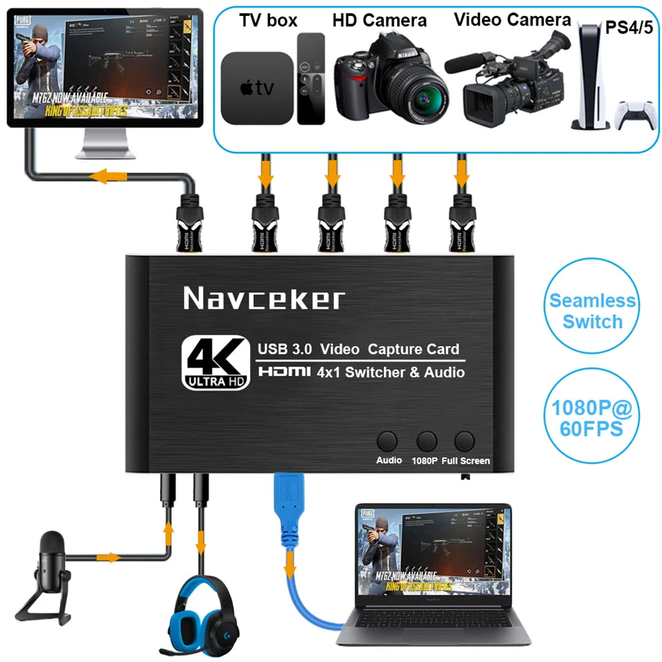 2023 4 Port 4K Video Capture Card USB 3.0 HDMI-compatible Grabber Recorder Seamless Switch for Camera Recording Live Streaming