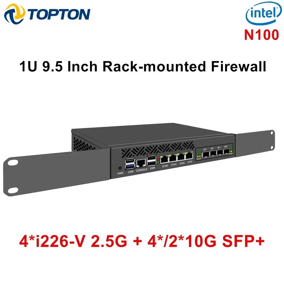Topton 1U Mini PC 9.5 Inch Rack-mounted Firewall Appliance Intel N100 4*/2*10G SFP 4xi226-V 2.5G Gateway Network Security Server