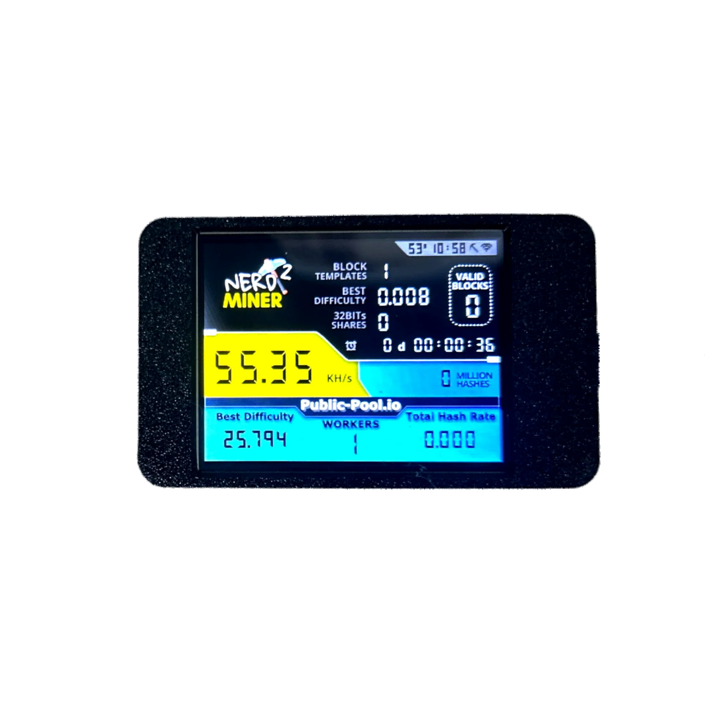 NerdMiner V2 Hashrate, Smart Display, Crypto Solo, Lottery, Nerd Miner, Bitcoin Miner ESP32-2432S028R, 54 k/S, 2.8 inch