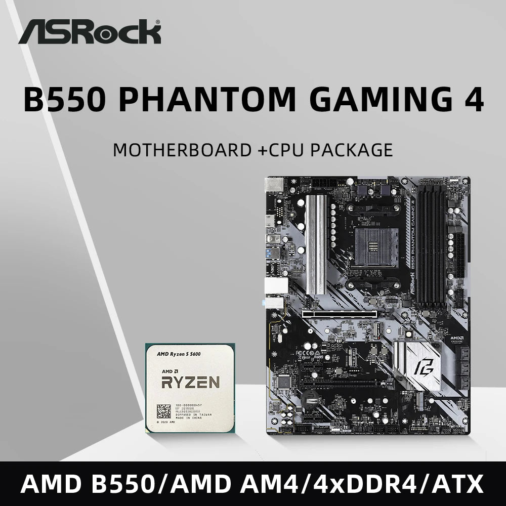 ASRock B550 Phantom Gaming 4 Motherboard Set Kit with Ryzen 5 5600 CPU 4xDDR4 4533MHz M.2 NVME HDMI PCIe 4.0 ATX AM4 Mainboard