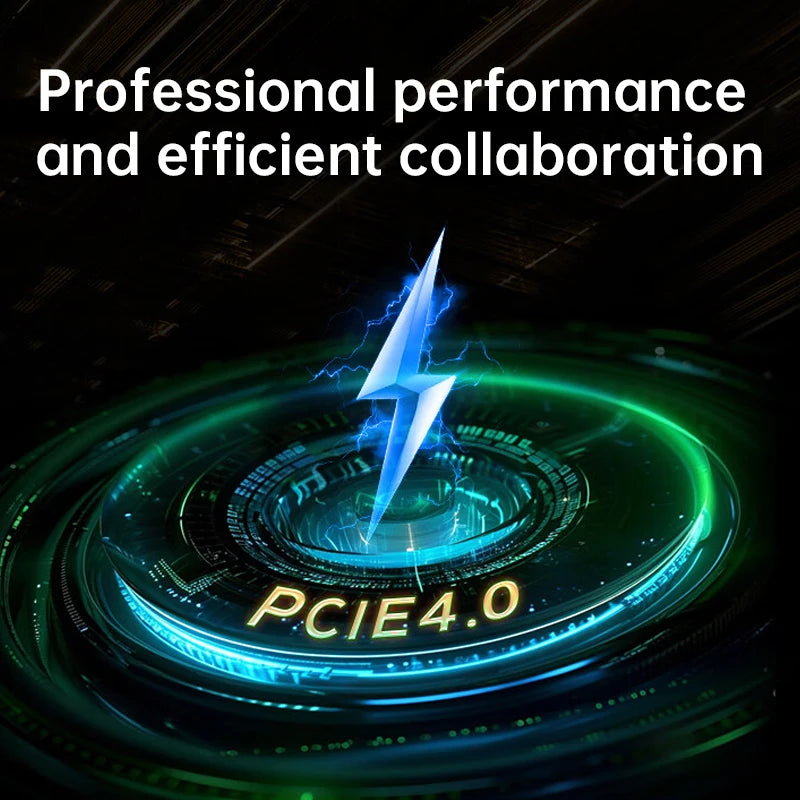 Futuristic design with 'PCIe 4.0' symbol and text on a dark background
