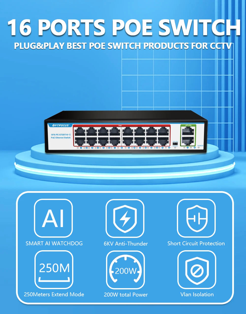OPTFOCUS 1000M GIGABIT POE Switch 16 Ports