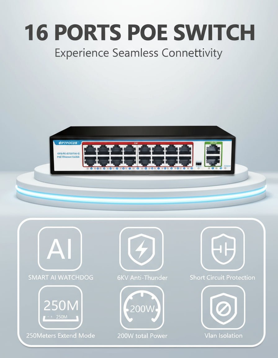 Switch Optfocus PoE Switch Gigabit 16Portas disponível em TokenPI Store