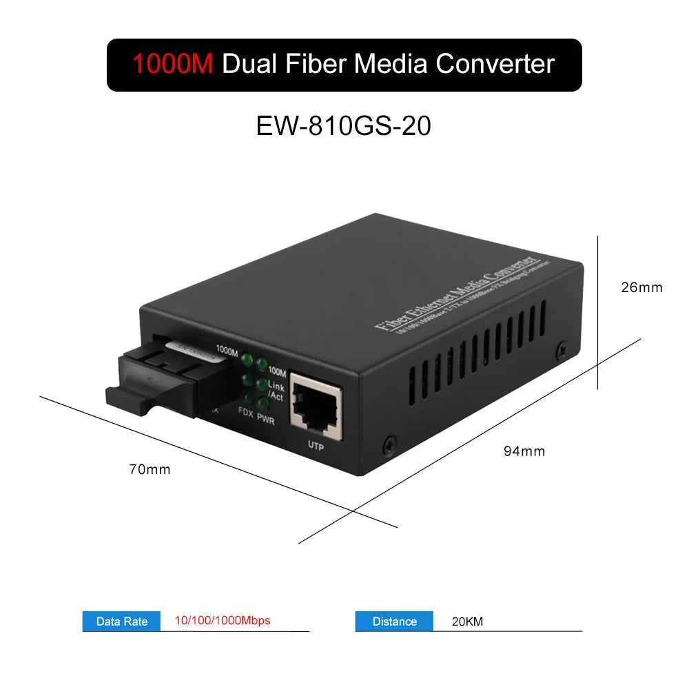 Gigabit Fiber Optical Media Converter Switch, Single Mode,Dual Fiber,UPC,APC,SC-Port to RJ45,Transceiver Kit,100 M,1000M