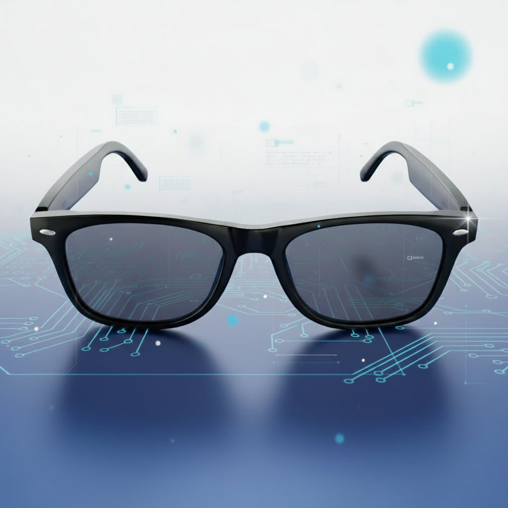 Black sunglasses on a blue background with digital circuit design
