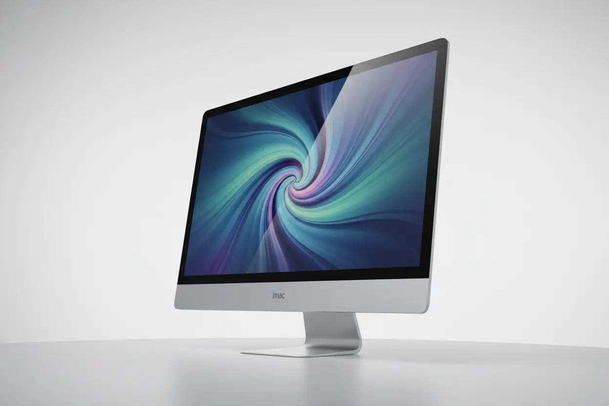 IMac de alumínio prateado com moldura fina e suporte minimalista, exibindo um papel de parede abstrato rodopiante em azul e roxo.