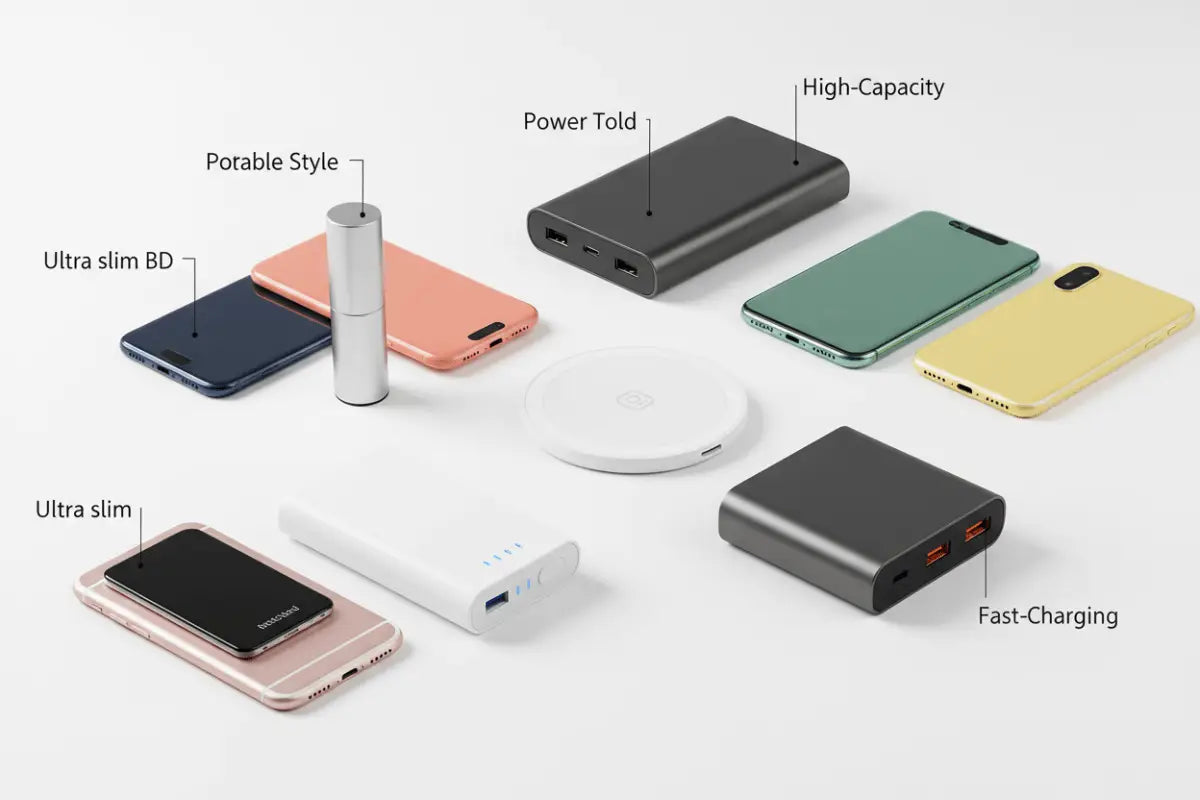 Banco de energia retangular preto com portas USB duplas e acabamento mate