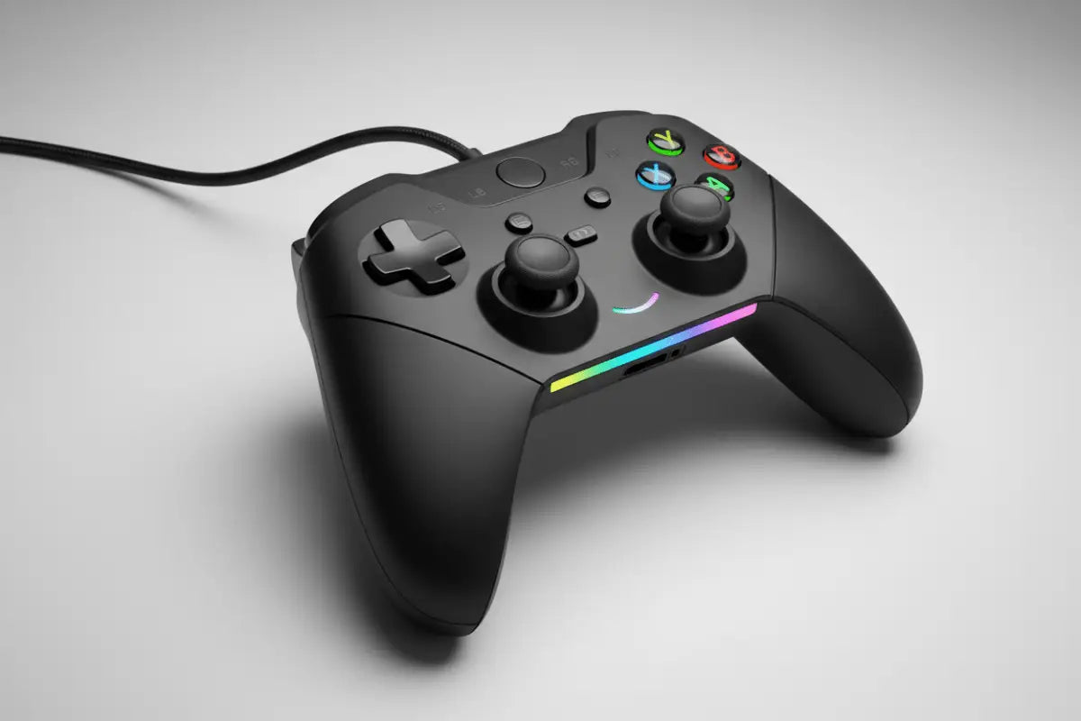 Controlador Xbox preto com iluminação RGB ao longo do lado e botões coloridos.