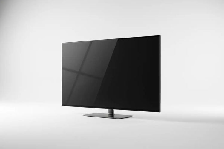 Televisão preta e elegante com um suporte minimalista e ecrã brilhante.