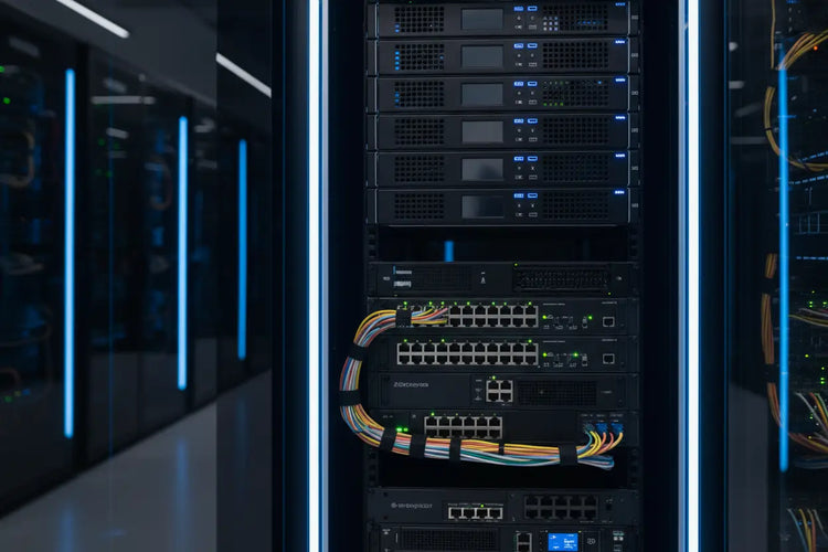 Rack de servidor preto com múltiplos switches de rede empilhados e cabos ethernet coloridos agrupados de forma organizada.