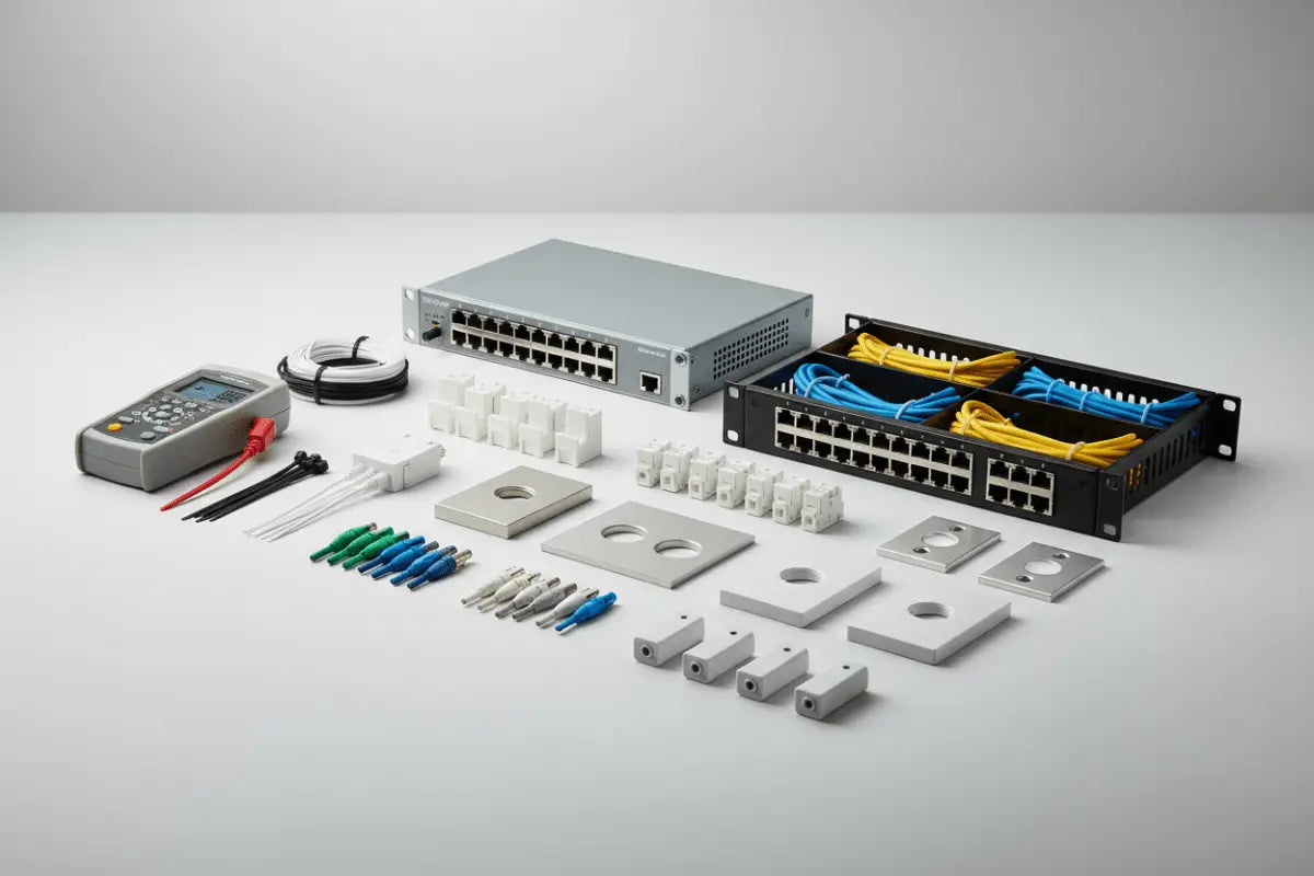 Interruptor de rede de metal prateado com múltiplas portas Ethernet e ranhuras de ventilação