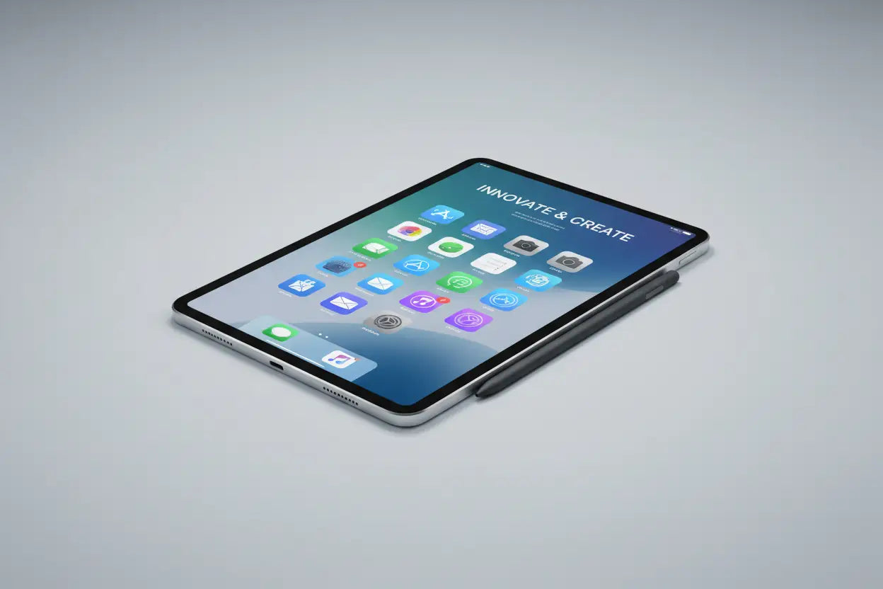 IPad de borda prateada com um design elegante e minimalista e ecrã tátil vibrante a exibir ícones de apps coloridos.