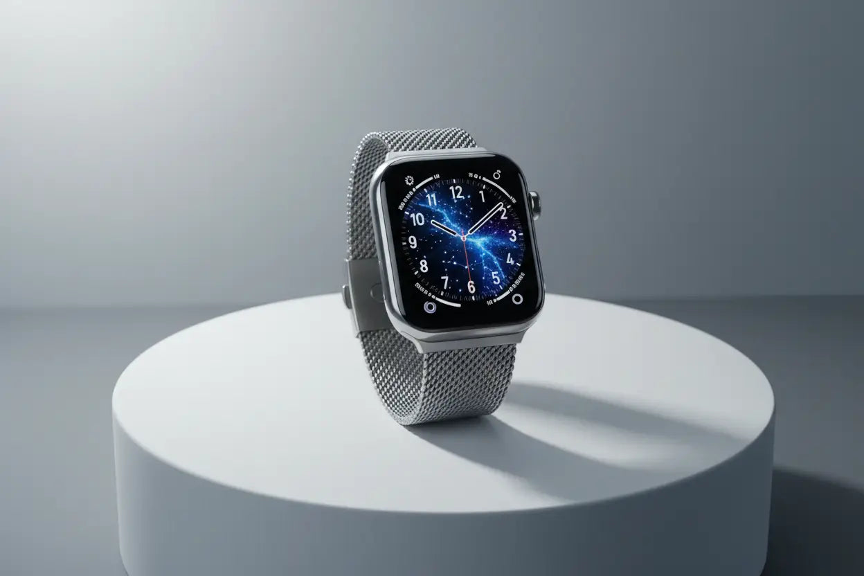 Pulseira de malha prateada Apple Watch com mostrador preto exibindo ponteiros de relógio e numerais temáticos cósmicos azuis.