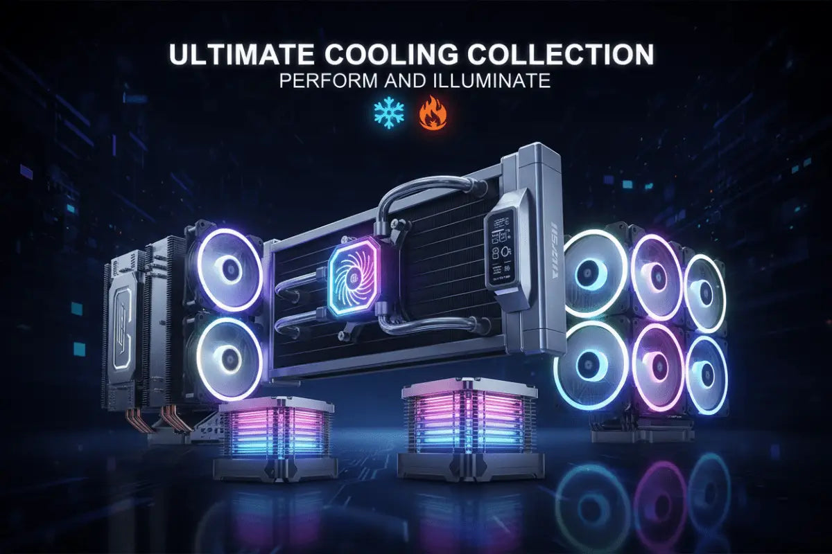 A imagem apresenta um sistema de refrigeração líquida elegante e de alto desempenho, com múltiplos ventiladores iluminados por RGB e tubos iluminados.