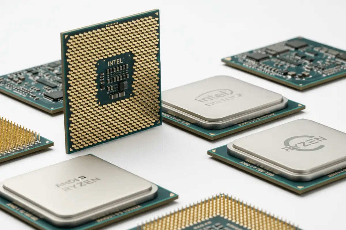 Processador Intel Core i9-13900K com pinos dourados e uma placa de circuito verde.