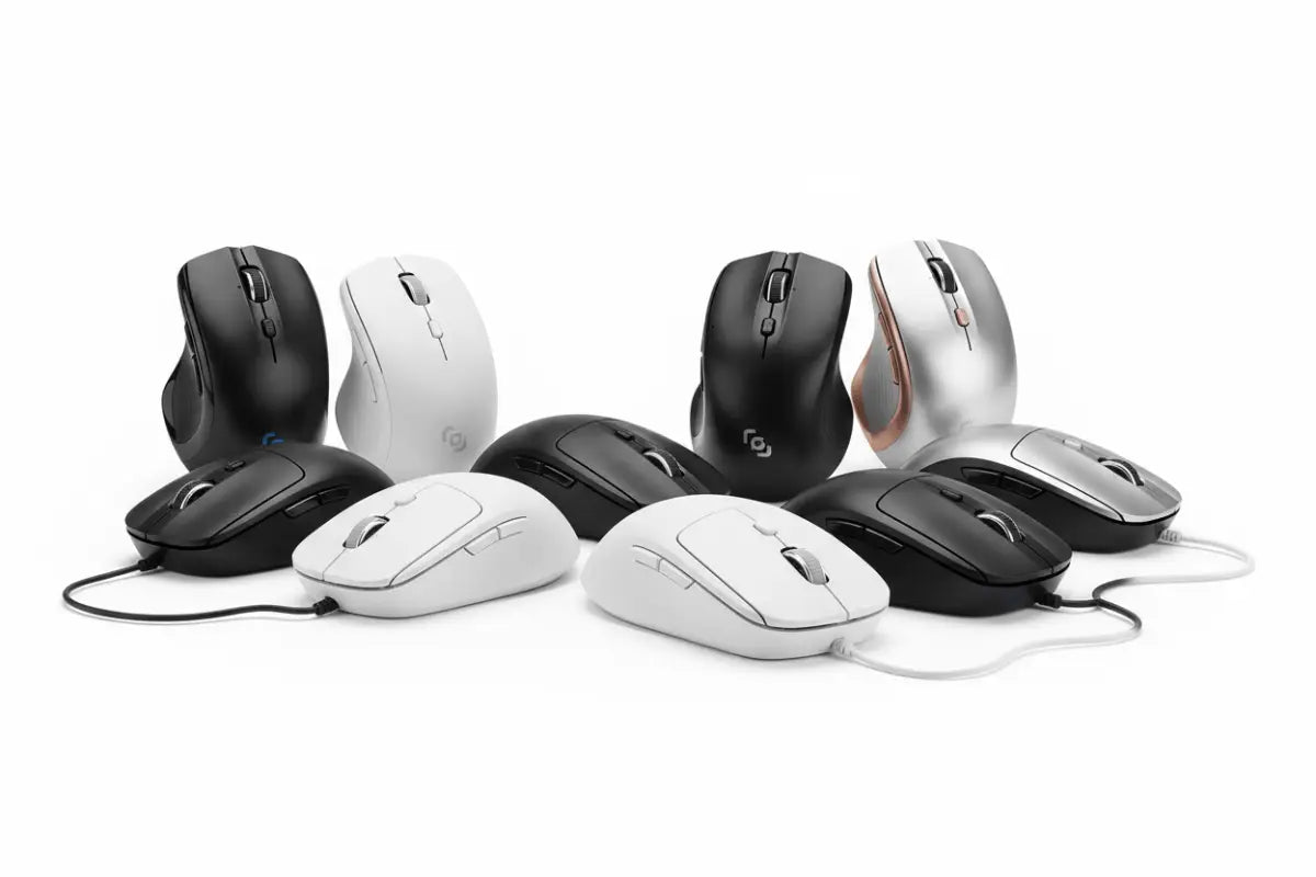 Um rato sem fios elegante e ergonómico em preto e branco com um design minimalista.