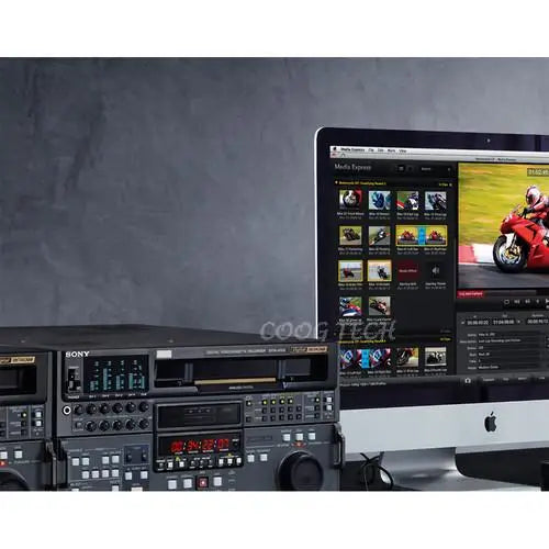 Sony video editing equipment with a computer displaying a media player interface.