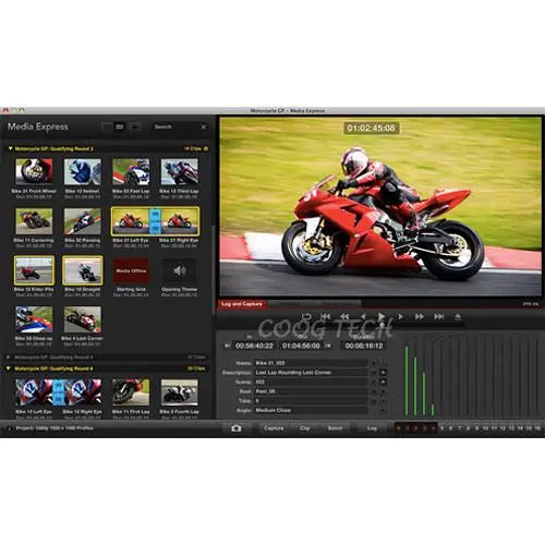 Video editing software interface with a red motorcycle on screen