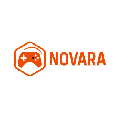 Orange 'NOVARA' logo with a gaming controller icon on a black background