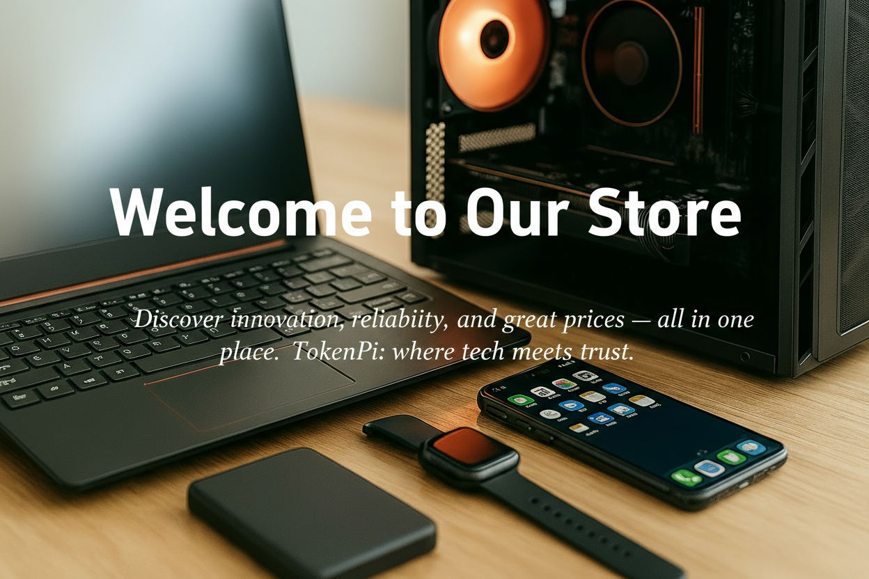 Laptop, smartphone, smartwatch, and open computer case on a wooden surface. TokenPi Store