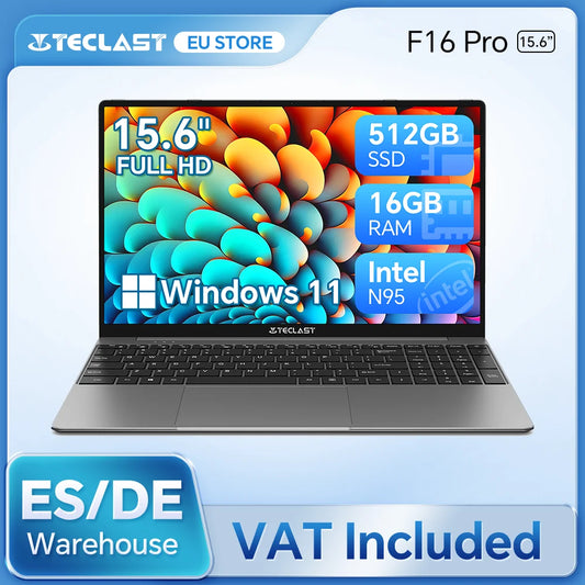 TECLAST F16Pro Laptop 15.6 inch, 16GB RAM 512GB SSD Computers, for Intel N95 CPU, IPS FHD 1080P Screen, WiFi 6, BT 5.0, USB3.2, Backlit Keyboard, 38000mWh