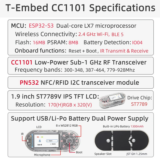 Best LILYGO New T-Embed ESP32-S3 CC1101 Low-Power GHz RF Transceiver PN532 NFC RFID I2C Module LCD Board Battery 1300mAh