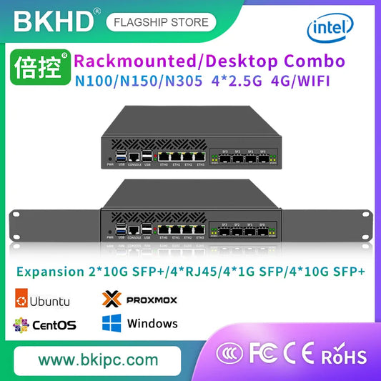 BKHD 2025 Firewall Hardware Gateway Security Server Mini 1U 9.5 Inch Rack-mounted N100 N305 RJ45 1G/10G SFP+ 4G/WIFI/BL GPIO TPM