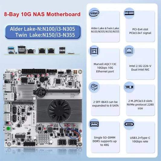 NAS Motherboard Intel N150 N100 i3-N305 1*10G 2*2.5G LANs 2*NVMe 2*SFF-8643 to 8*SATA Firewall