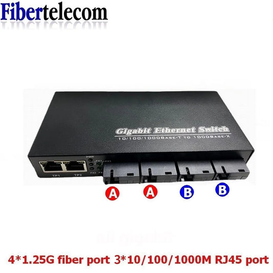 1000M Optic Media Converter 4 SC to 3 RJ45 Gigabit Fiber Optical Transceiver 2A+2B Ports 1310nm/1550nm 20KM Ethernet Switch
