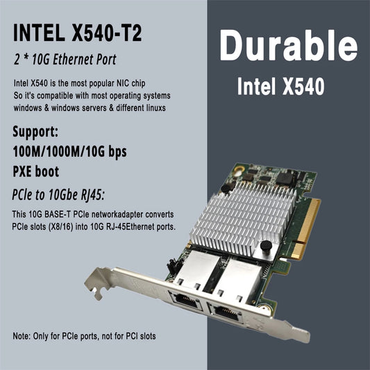 Intel X540-T2 network adapter with specifications on a gray and blue background