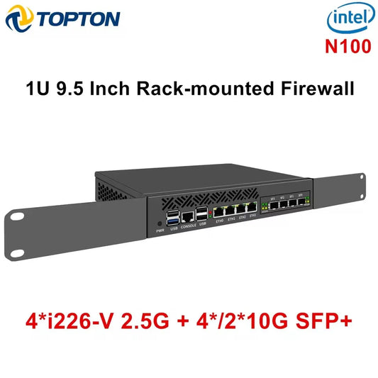 Topton 1U Mini PC 9.5 Inch Rack-mounted Firewall Appliance Intel N100 4*/2*10G SFP 4xi226-V 2.5G Gateway Network Security Server