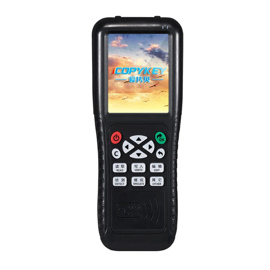 Black handheld device with screen displaying 'COPYKE' brand on a white background