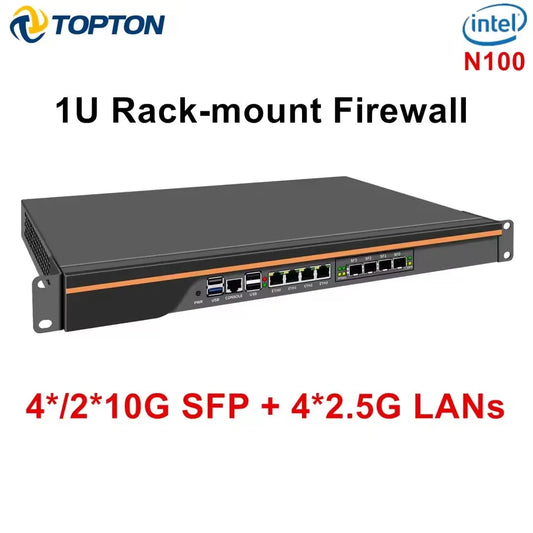Topton 1U PC Rack-mount Firewall Home Server Intel Alder Lake N100 4*/2*10G SFP+ 4*i226-V 2.5G LANs Network Security Host