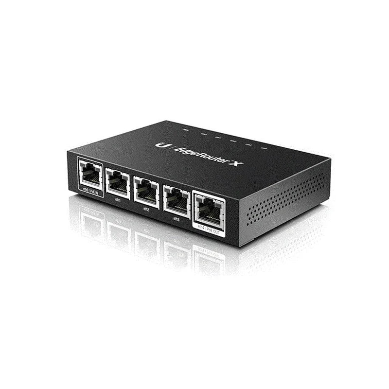 Black network router with multiple Ethernet ports on a white background