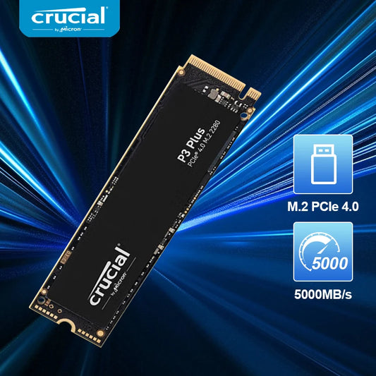 Crucial P3 Plus M.2 PCIe 4.0 SSD on a blue dynamic background