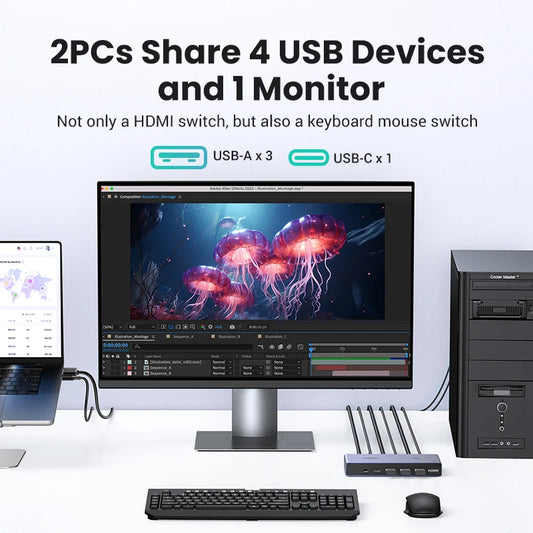 KVM Switch USB 2 PCs Sharing 1 Monitor