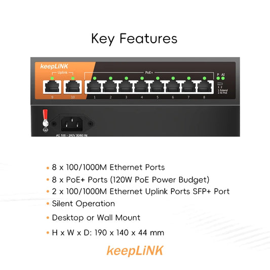KeepLiNK 10-Port Gigabit Switch with 8-PoE and 2-RJ45