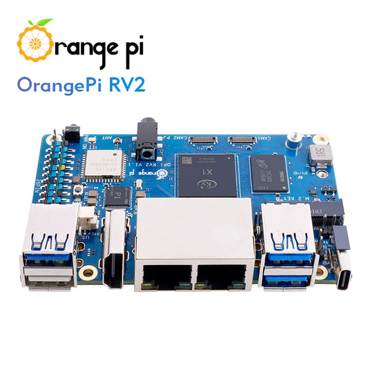 Orange Pi RV2 board with multiple ports on a white background