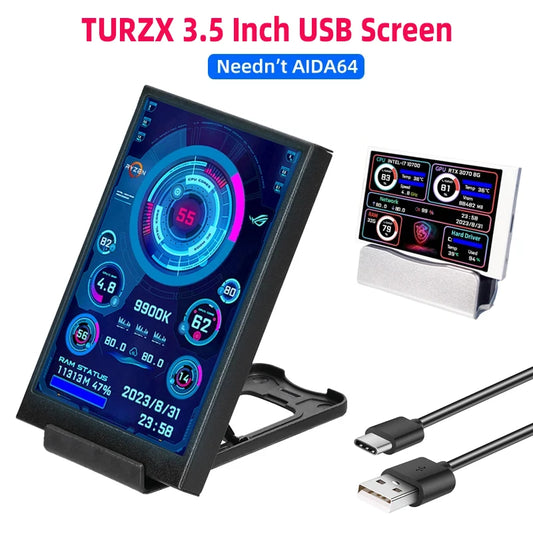 TURZX 3.5 / 5 Inch IPS USB Secondary Screen for Computer CPU GPU RAM HDD Monitor Type C Display