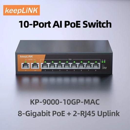 KeepLiNK 10-Port Gigabit Switch with 8-PoE and 2-RJ45