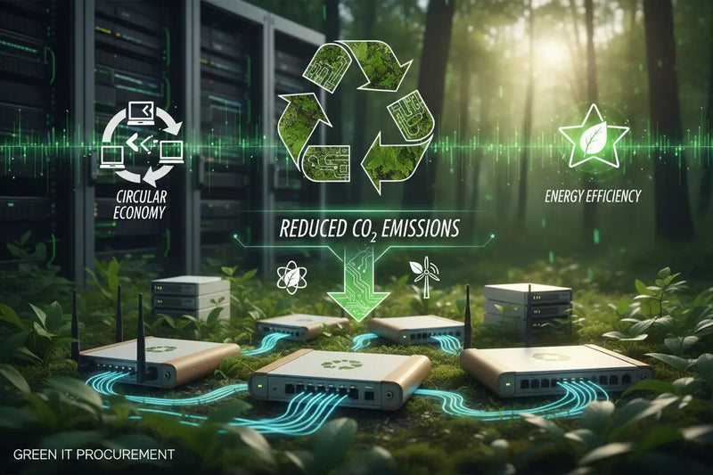 Bastidores de servidores prateados e brancos com padrões de placas de circuito verdes, cercados por folhagem exuberante de floresta.