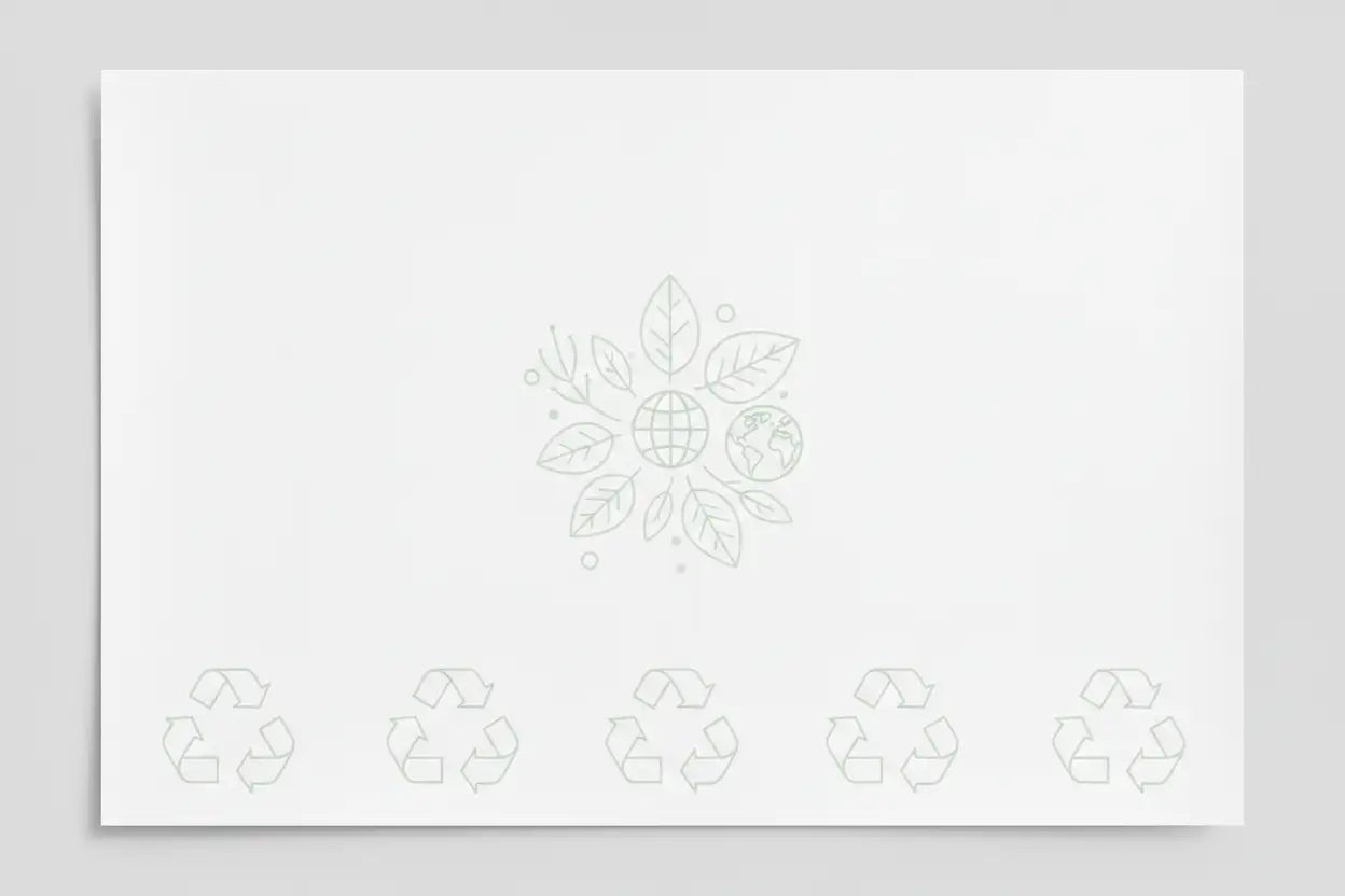 Uma folha de papel branco minimalista com uma ilustração delicada em linha de arte cinza claro de folhas e globos centrada acima de cinco símbolos de reciclagem dispostos em linha.