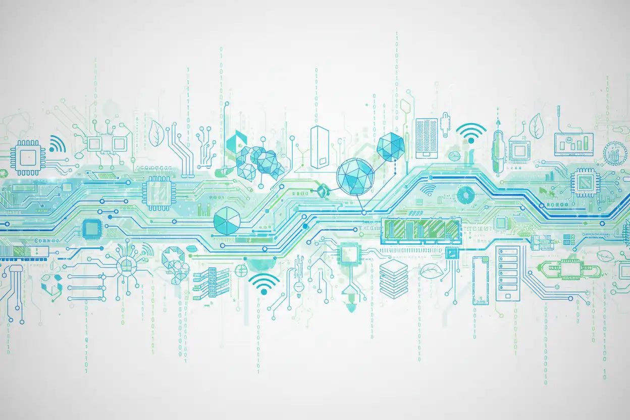 Uma ilustração digital estilizada de placas de circuito interconectadas e componentes eletrónicos em tons de azul, verde e turquesa.