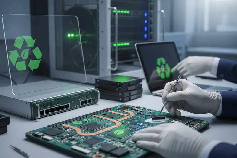 Placa de circuito verde com trilhas de cobre e circuitos integrados pretos, sendo trabalhada por mãos enluvadas.