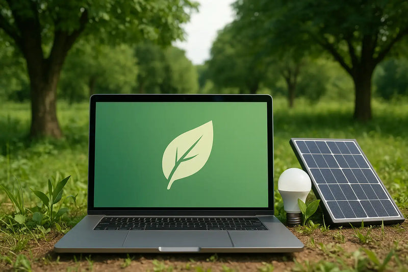Portátil prateado exibindo um ícone de folha verde no ecrã