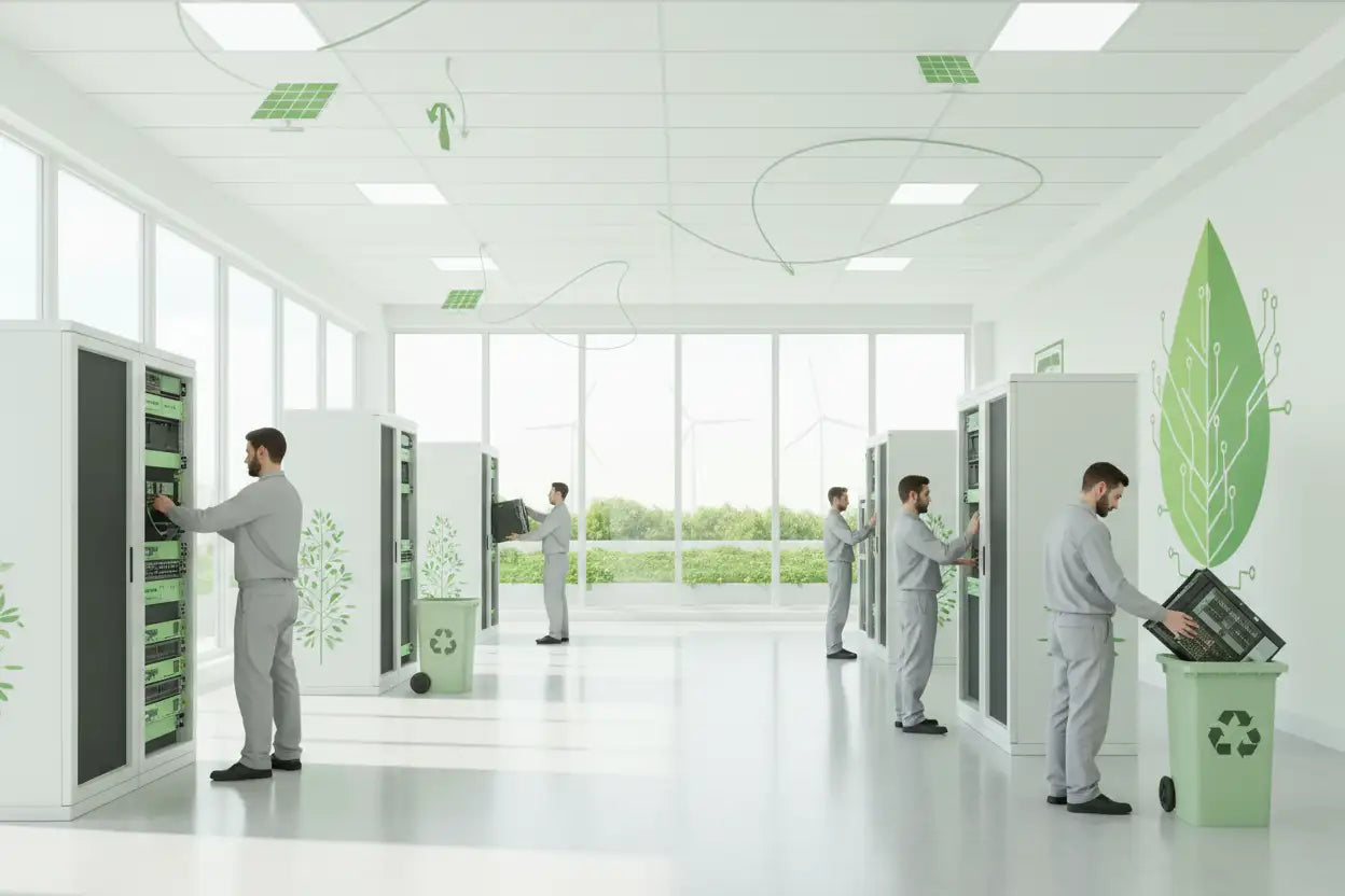 Rack de servidor branco com decalques de folhas verdes e painéis frontais pretos